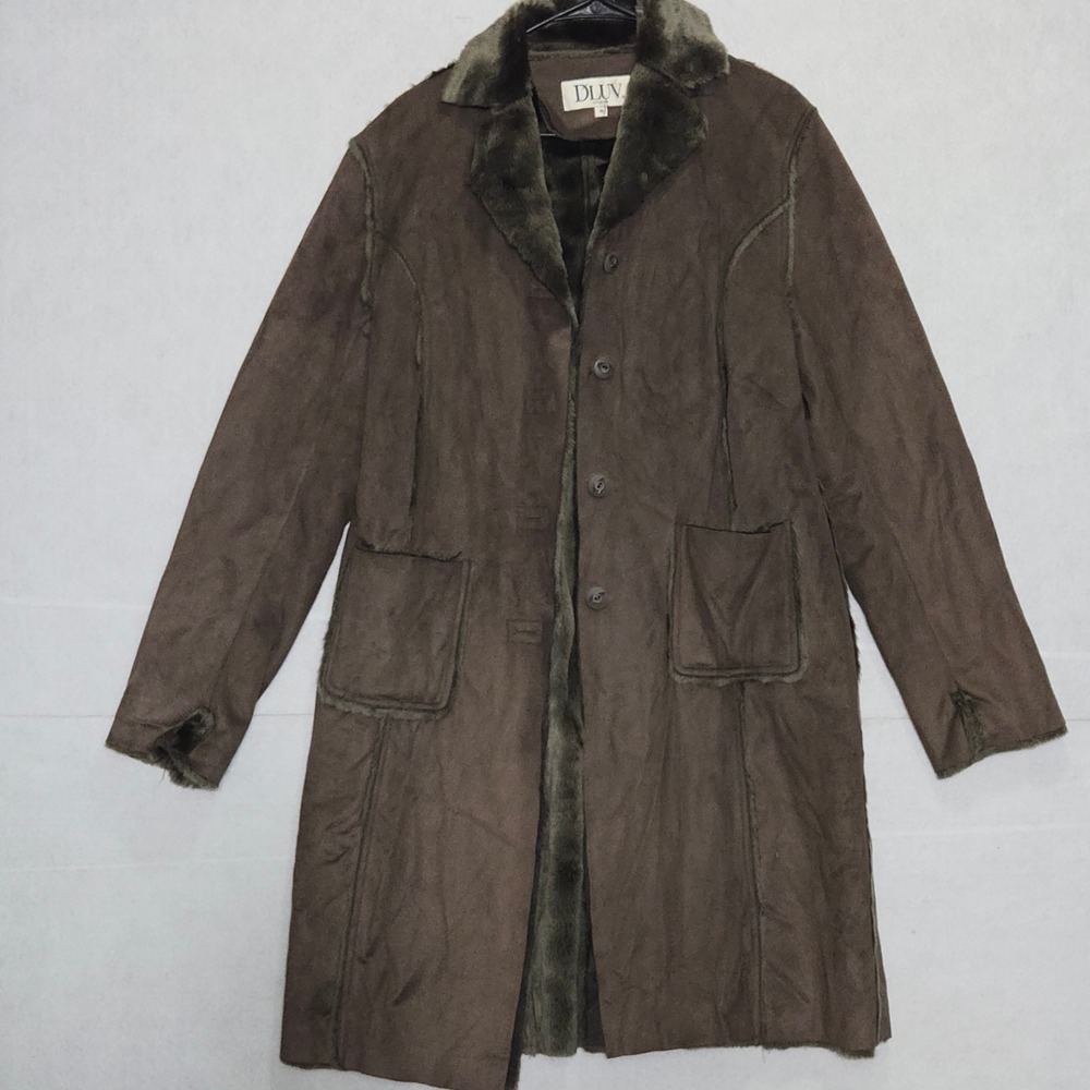 DLUV Studio Brown Faux Suede Fur Lined Long Coat Jacket Womens XL 22"ptp